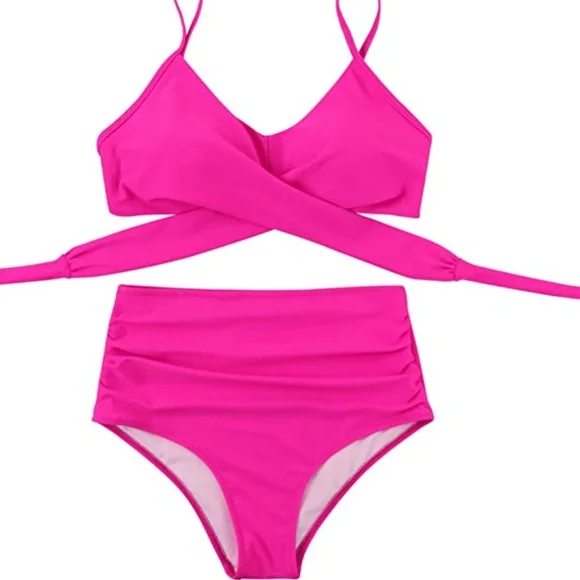 Barbie pink Women’s Criss cross  High Waisted 2 piece bathing suit - Picture 2 of 7